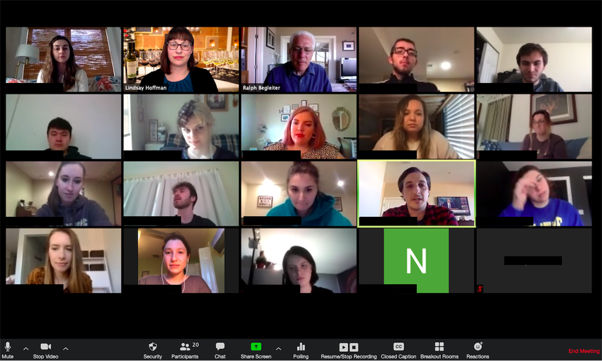 Screen shot of Zoom video conference on April 22, 2020, with University of Delaware's National Agenda students and alumni, Lindsay Hoffman, Ralph Begleiter, and Domenico Montanaro.