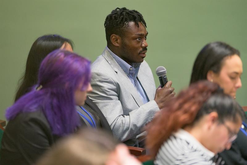 ​An audience member, UD senior Kyshawn Brown, asked a question during Nora Kelly Lee’s National Agenda speaking engagement inside UD’s Roselle Center for the Arts.​