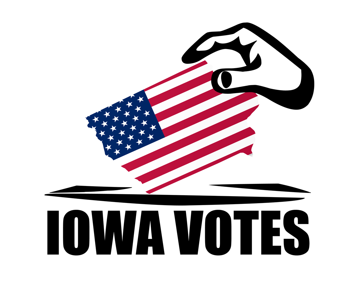 Iowa Votes graphic: hand drops ballot shaped like Iowa into ballot box