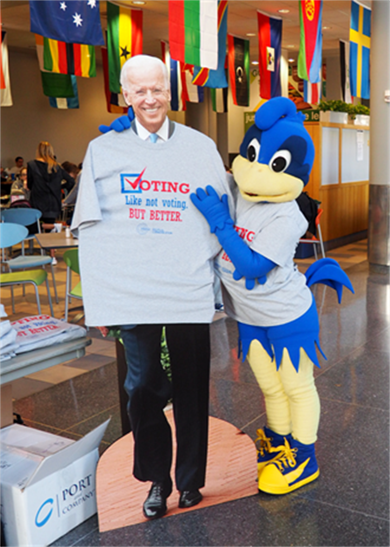 Vice President Joe Biden and the University of Delaware's beloved mascot Baby Blue invited the UD community to please vote!