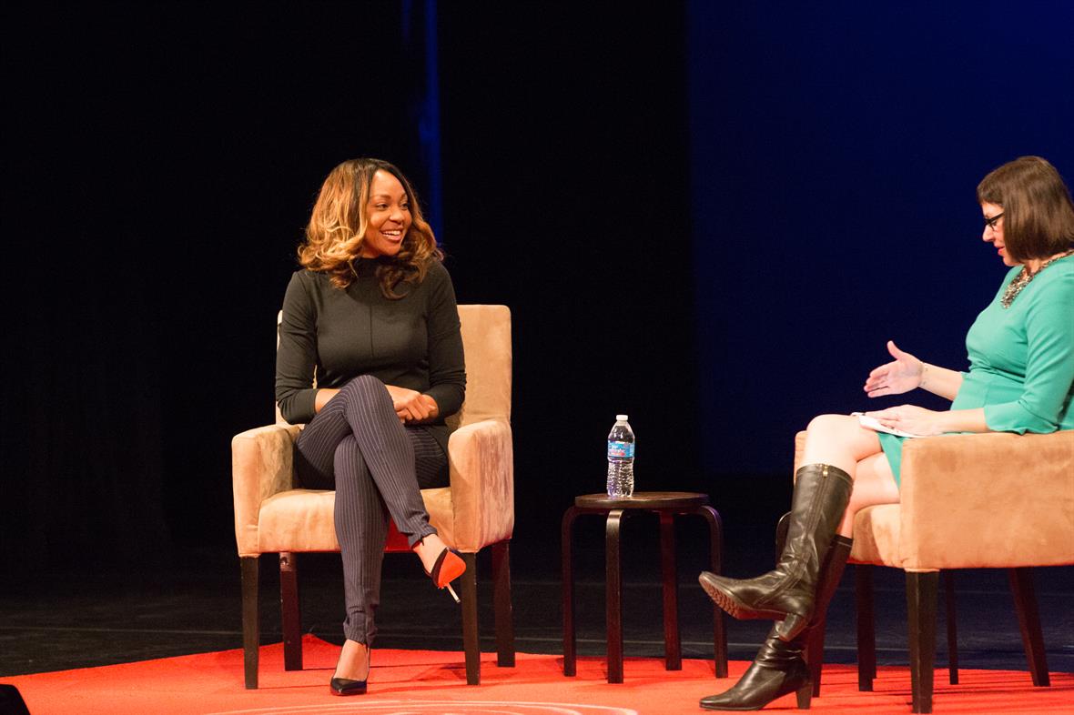 Amberia Allen and Lindsay Hoffman discuss "Humour Matters" on October 24, 2018, on stage at Mitchell Hall at the University of Delaware.