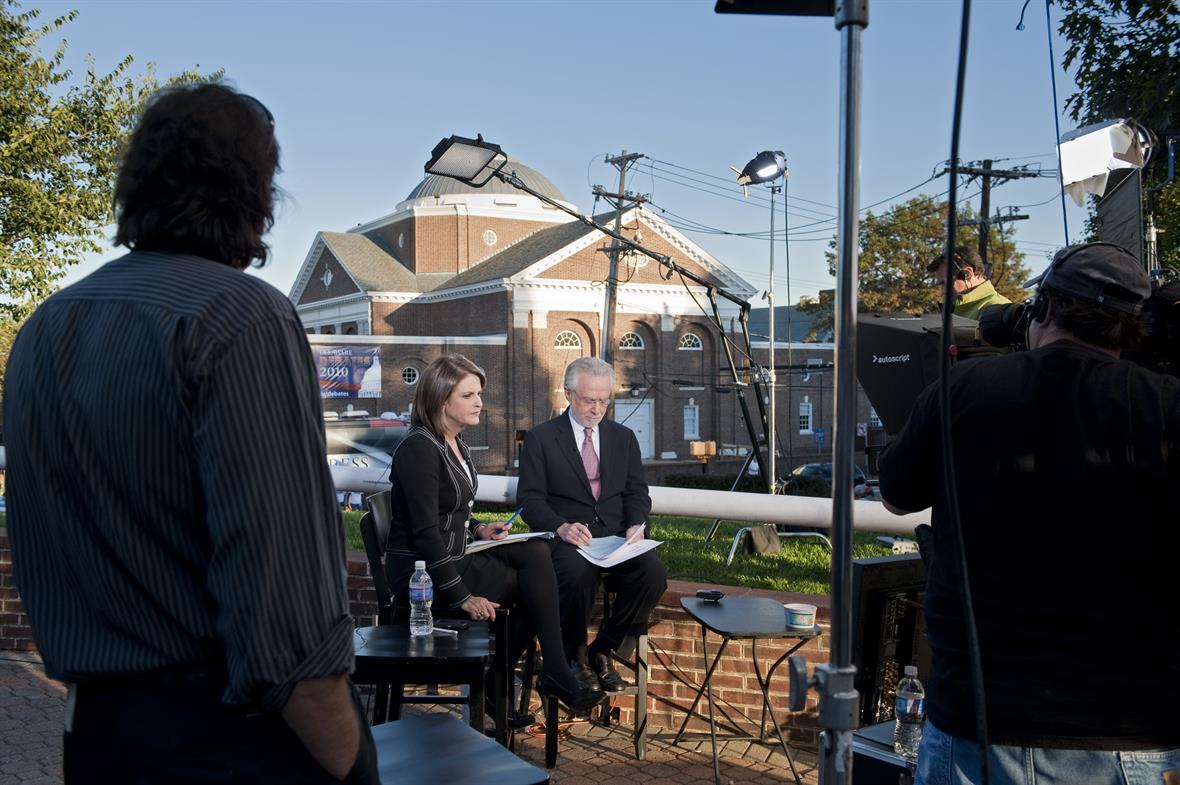CNN journalists Gloria Borger (left) and Wolf Blitzer cover Delaware's U.S. Senate debate from the University of Delaware campus on October 13, 2010.
