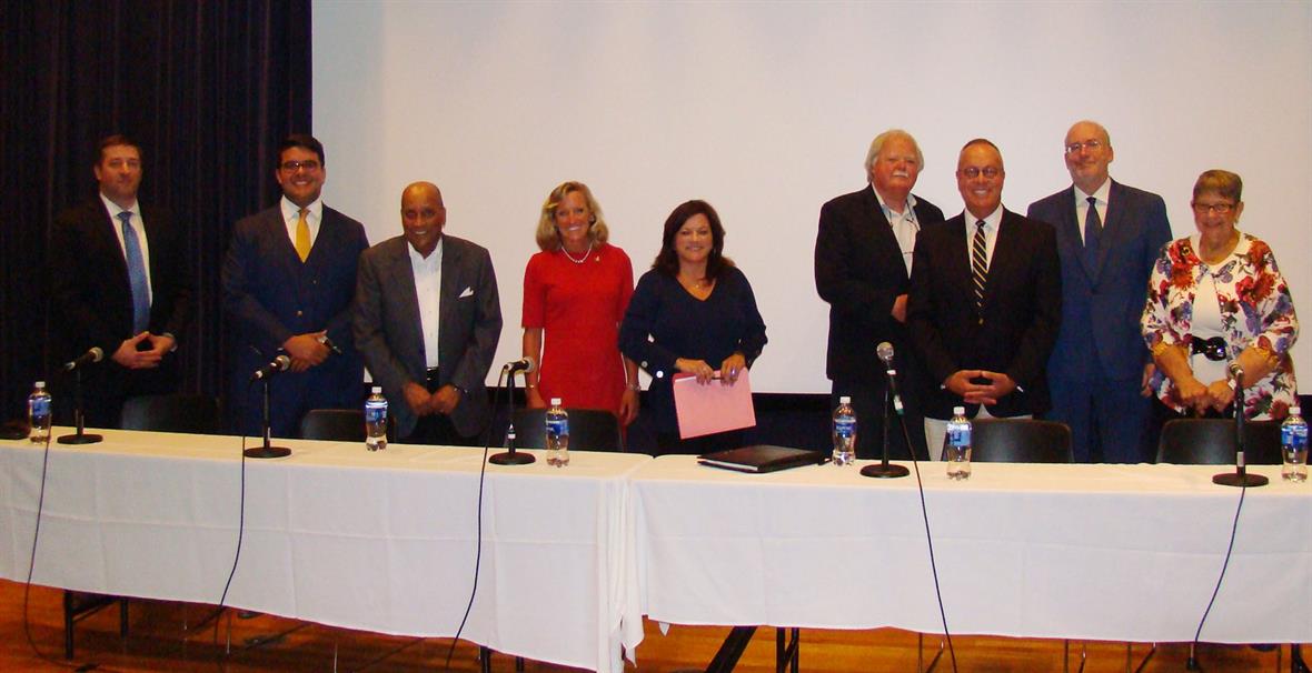 From left to right: Bryan Townsend, State Senator from the 7th District; Anthony Delcollo, State Senator from the 11th District; UD Professor Leland Ware; Clarie DeMatteis, Department of Correction Commissioner; Professor Nancy Karibjanian; Director of the Center for Political Communication, Ed Freel, Former Delaware Secretary of State; UD History Professor Jonathan Russ; UD Criminal Justice Professor Eric Rise; and Madeline Dunn, National Register Coordinator from the Delaware Historical & Cultural Affairs