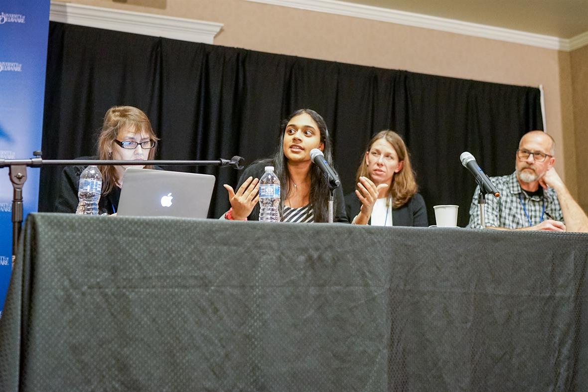 Genelle Belmas (moderator), Trisha Prabhu, Deb Mashek, and Glyn Hughes spoke as part of the University of Delaware's Speech Limits in Public Life conference on March 15, 2019.